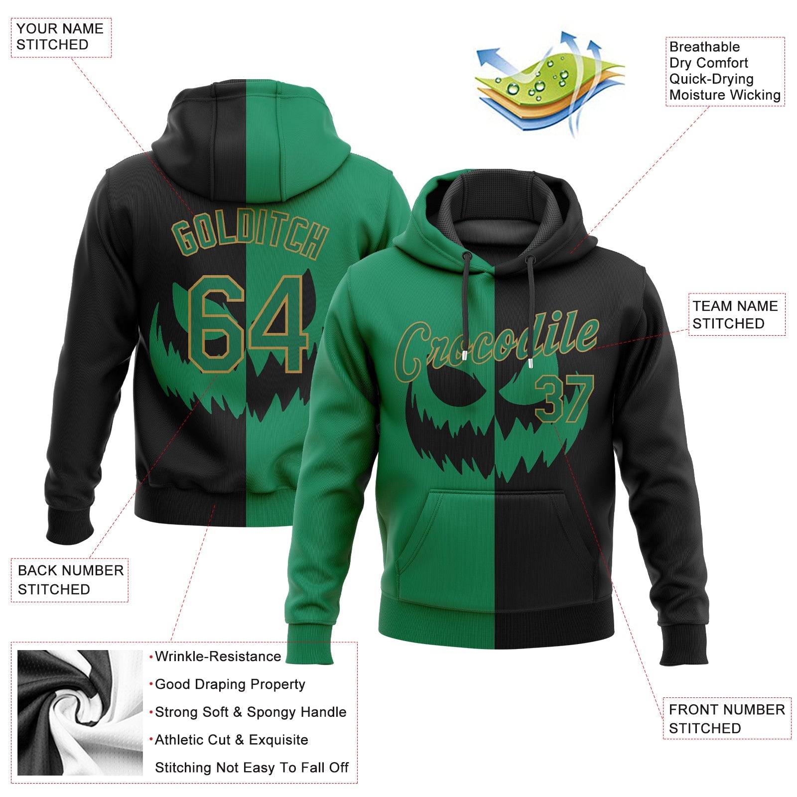 Custom Stitched Black Kelly Green-Old Gold 3D Pattern Scary Faces Of Halloween Pumpkin Sports Pullover Sweatshirt Salute To Service Hoodie view 2