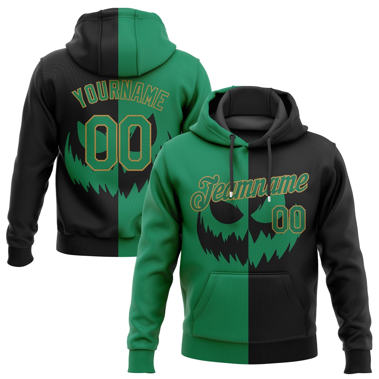 Custom Stitched Black Kelly Green-Old Gold 3D Pattern Scary Faces Of Halloween Pumpkin Sports Pullover Sweatshirt Salute To Service Hoodie - Main View