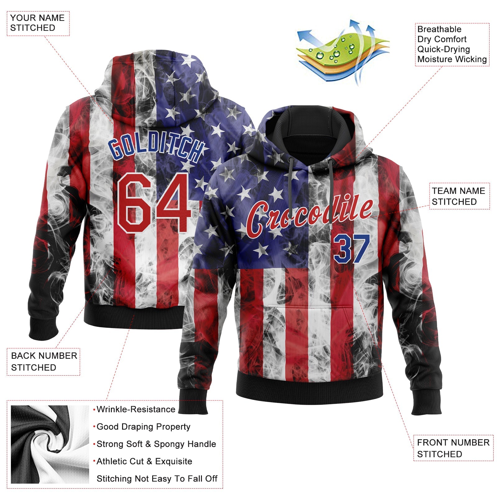 Custom Stitched White Red Royal-Black 3D American Flag Fashion Sports Pullover Sweatshirt Hoodie view 3