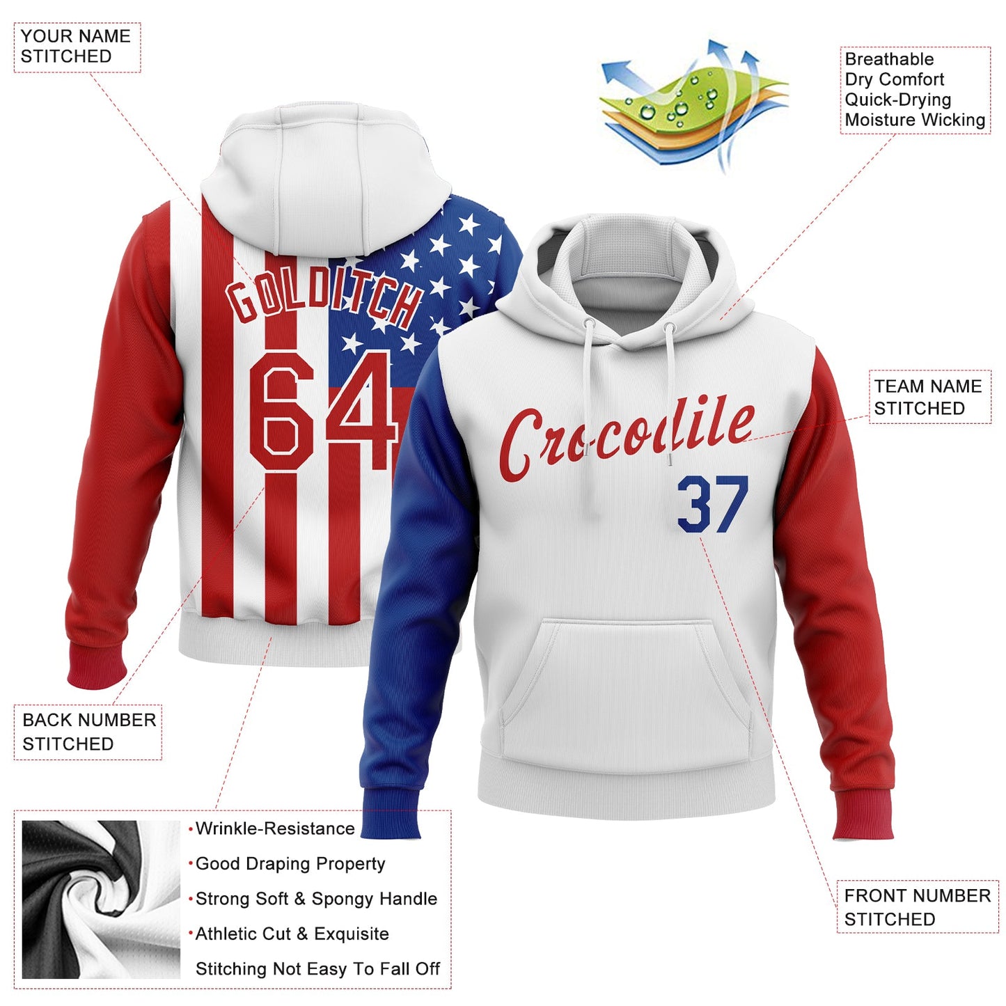 Custom Stitched White Red-Royal 3D American Flag Fashion Sports Pullover Sweatshirt Hoodie view 2