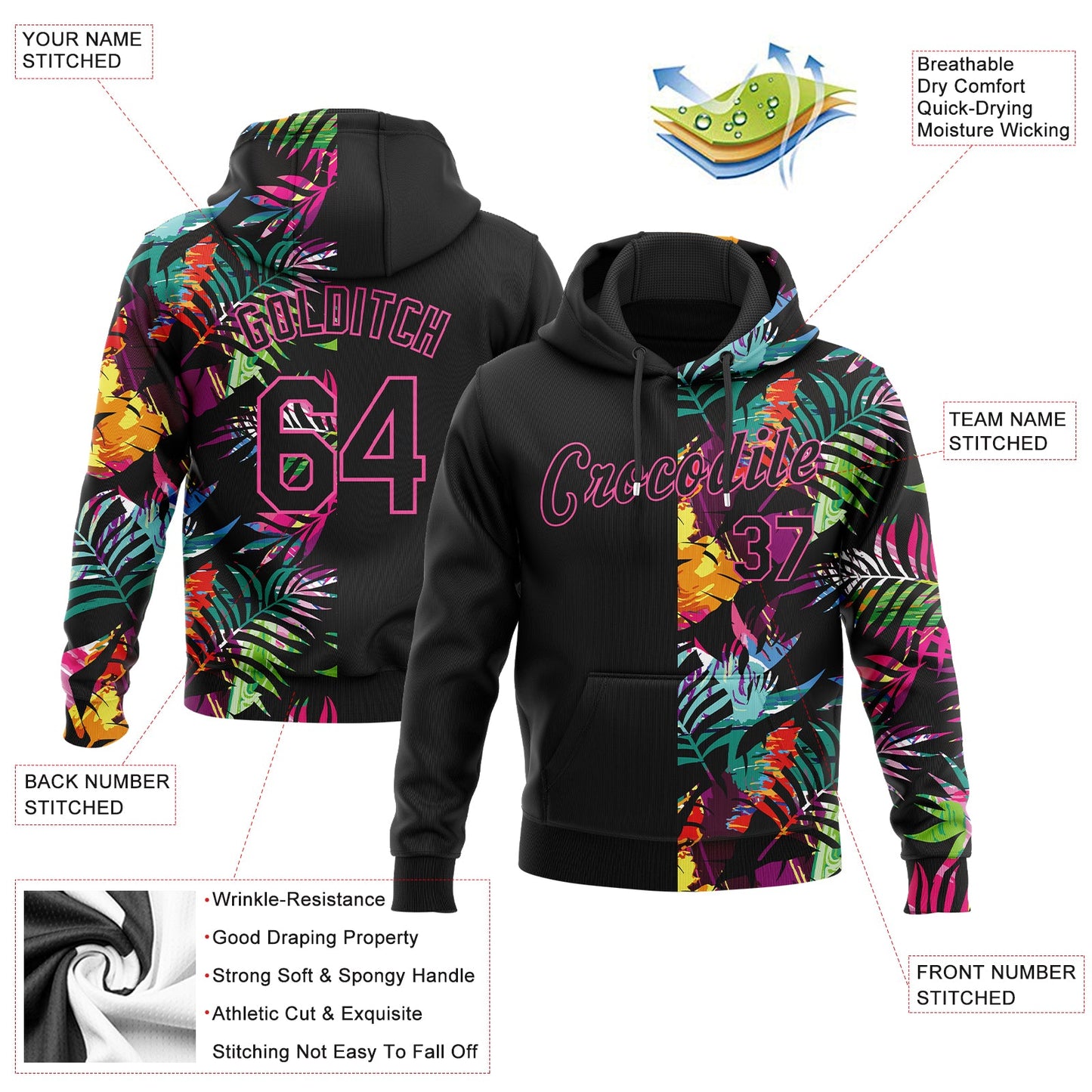 Custom Stitched Black Black-Pink 3D Pattern Design Tropical Palm Leaves Sports Pullover Sweatshirt Hoodie view 2