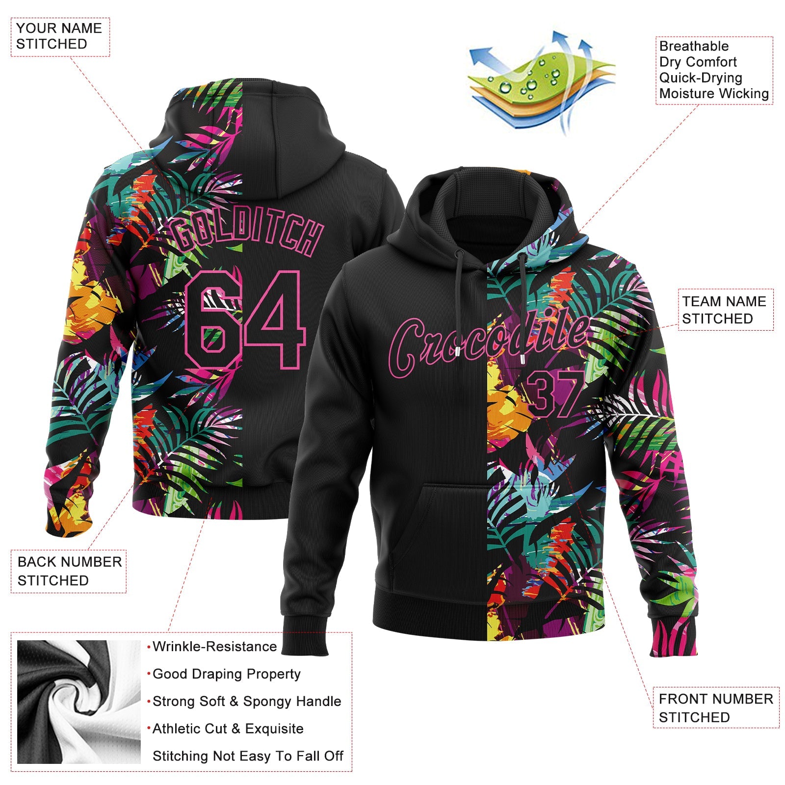 Custom Stitched Black Black-Pink 3D Pattern Design Tropical Palm Leaves Sports Pullover Sweatshirt Hoodie view 2
