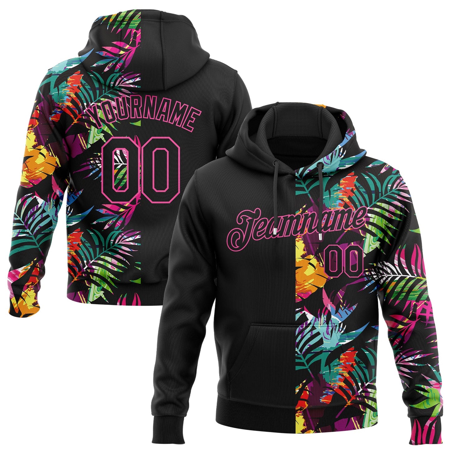 Custom Stitched Black Black-Pink 3D Pattern Design Tropical Palm Leaves Sports Pullover Sweatshirt Hoodie - Main View