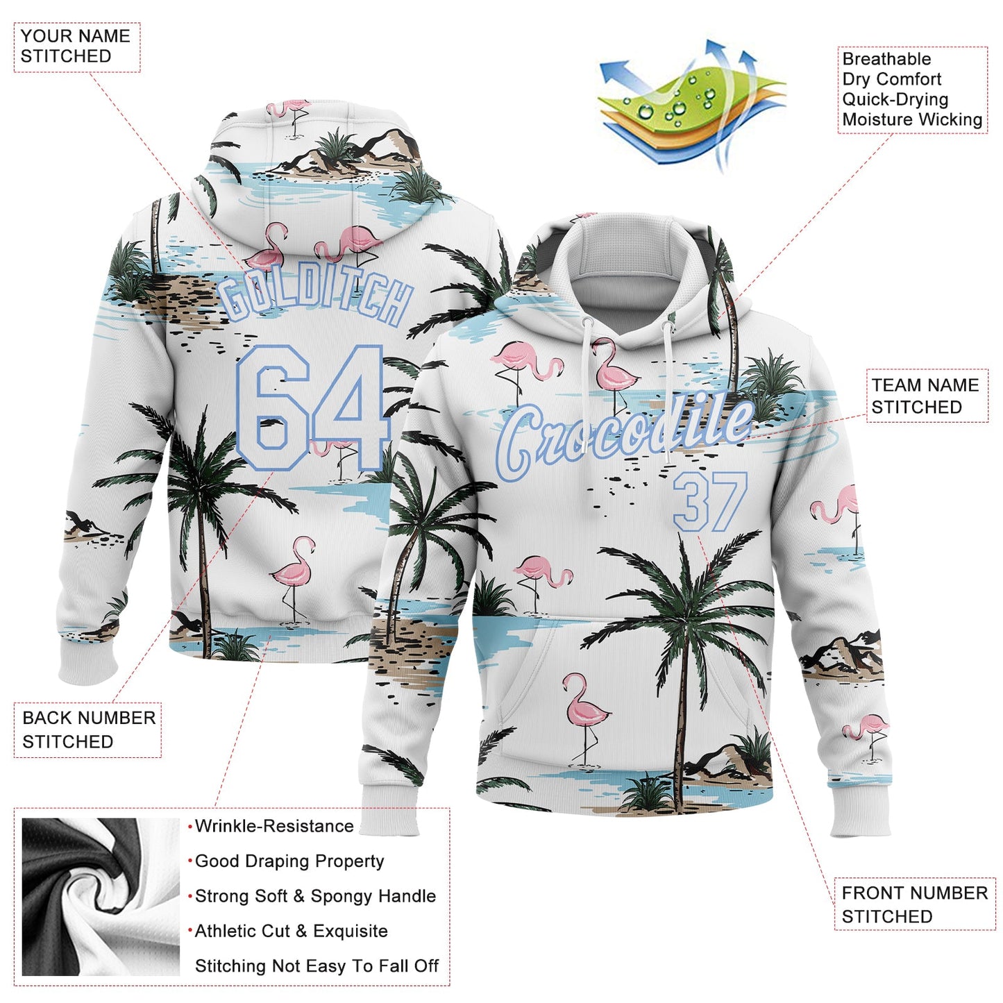 Custom Stitched White White-Light Blue 3D Pattern Design Hawaii Palm Trees Sports Pullover Sweatshirt Hoodie view 2