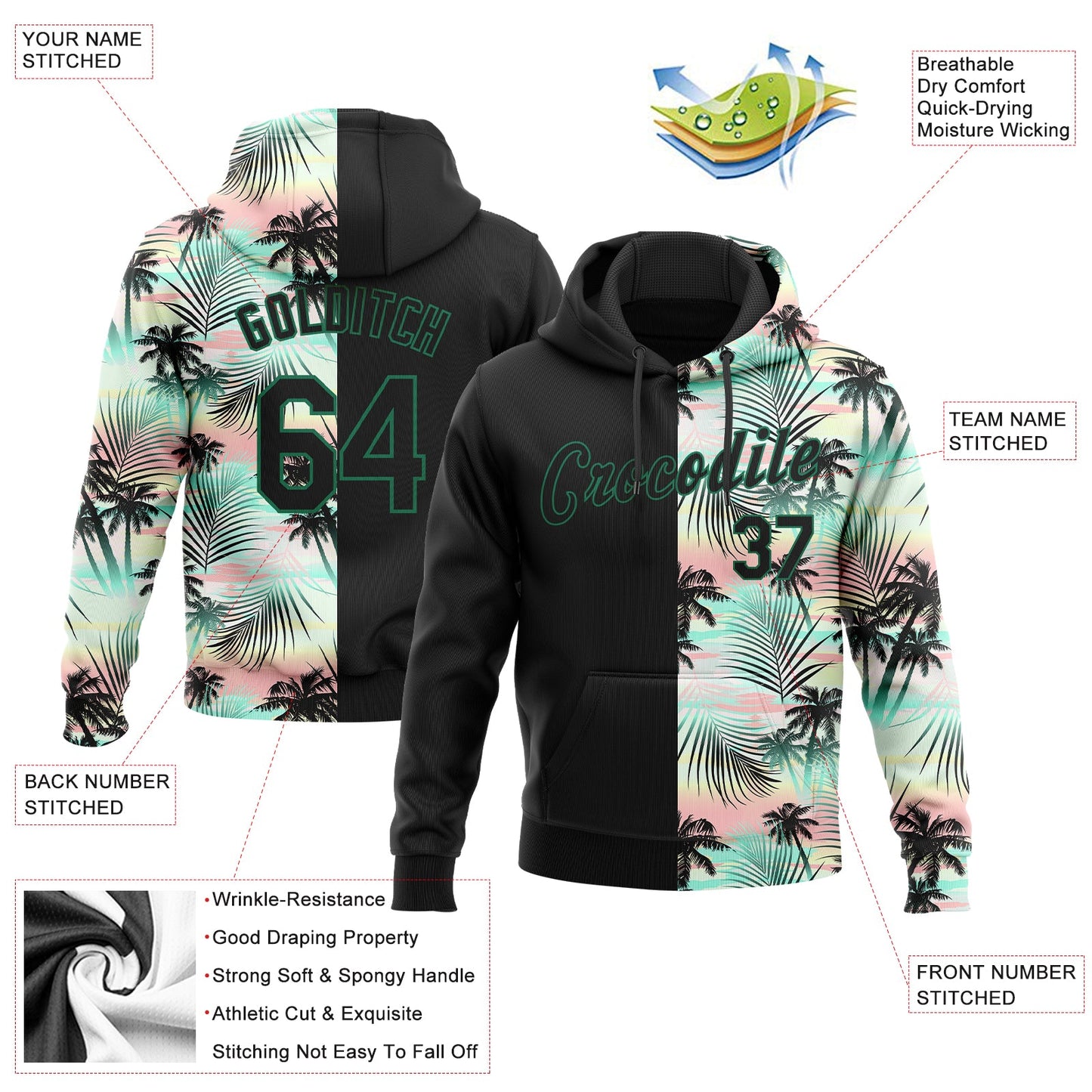 Custom Stitched Black Black-Kelly Green 3D Pattern Design Tropical Palm Leaves Sports Pullover Sweatshirt Hoodie view 2