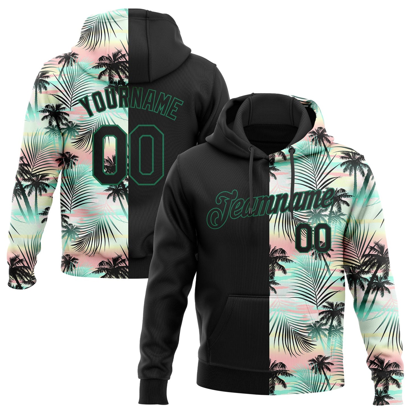Custom Stitched Black Black-Kelly Green 3D Pattern Design Tropical Palm Leaves Sports Pullover Sweatshirt Hoodie - Main View