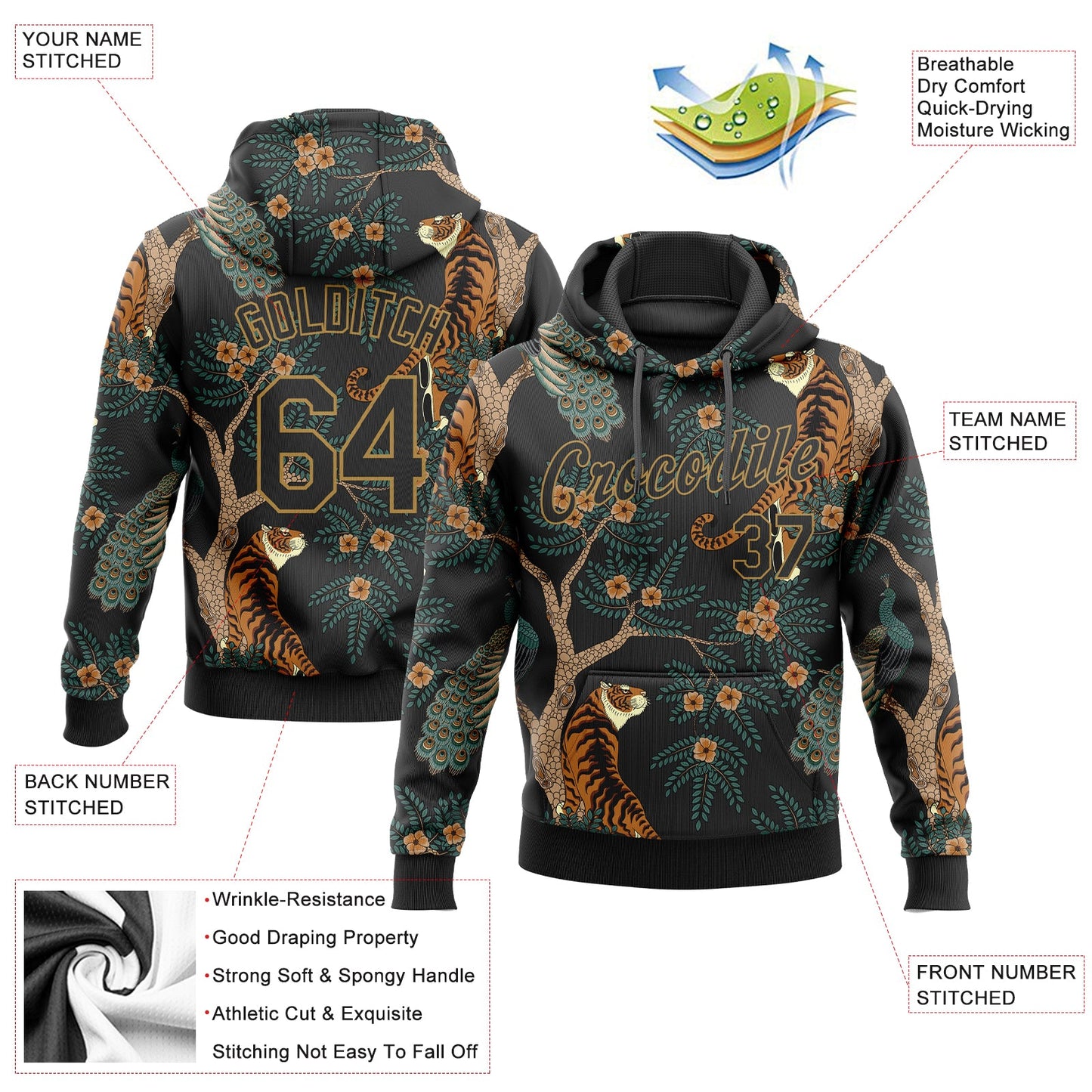 Custom Stitched Black Black-Old Gold 3D Pattern Design Tiger And Peacock Sports Pullover Sweatshirt Hoodie view 2