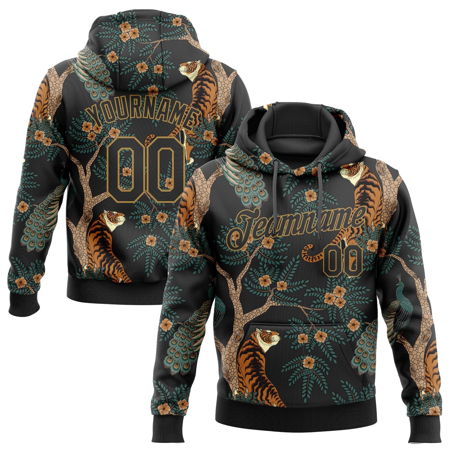 Custom Stitched Black Black-Old Gold 3D Pattern Design Tiger And Peacock Sports Pullover Sweatshirt Hoodie - Main View