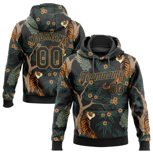 Custom Stitched Black Black-Old Gold 3D Pattern Design Tiger And Peacock Sports Pullover Sweatshirt Hoodie - Main View
