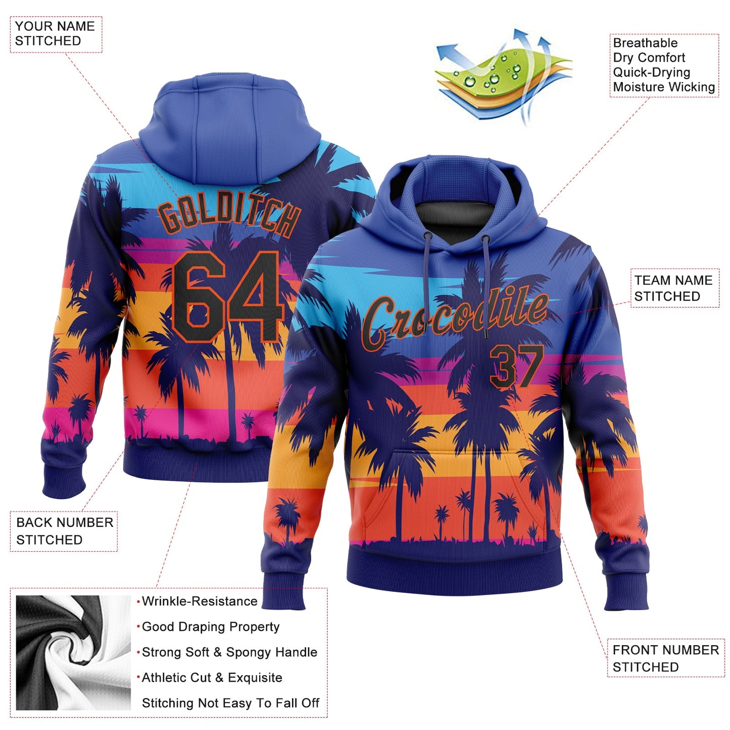 Custom Stitched Royal Black-Orange 3D Pattern Design Palm Trees Sports Pullover Sweatshirt Hoodie view 2