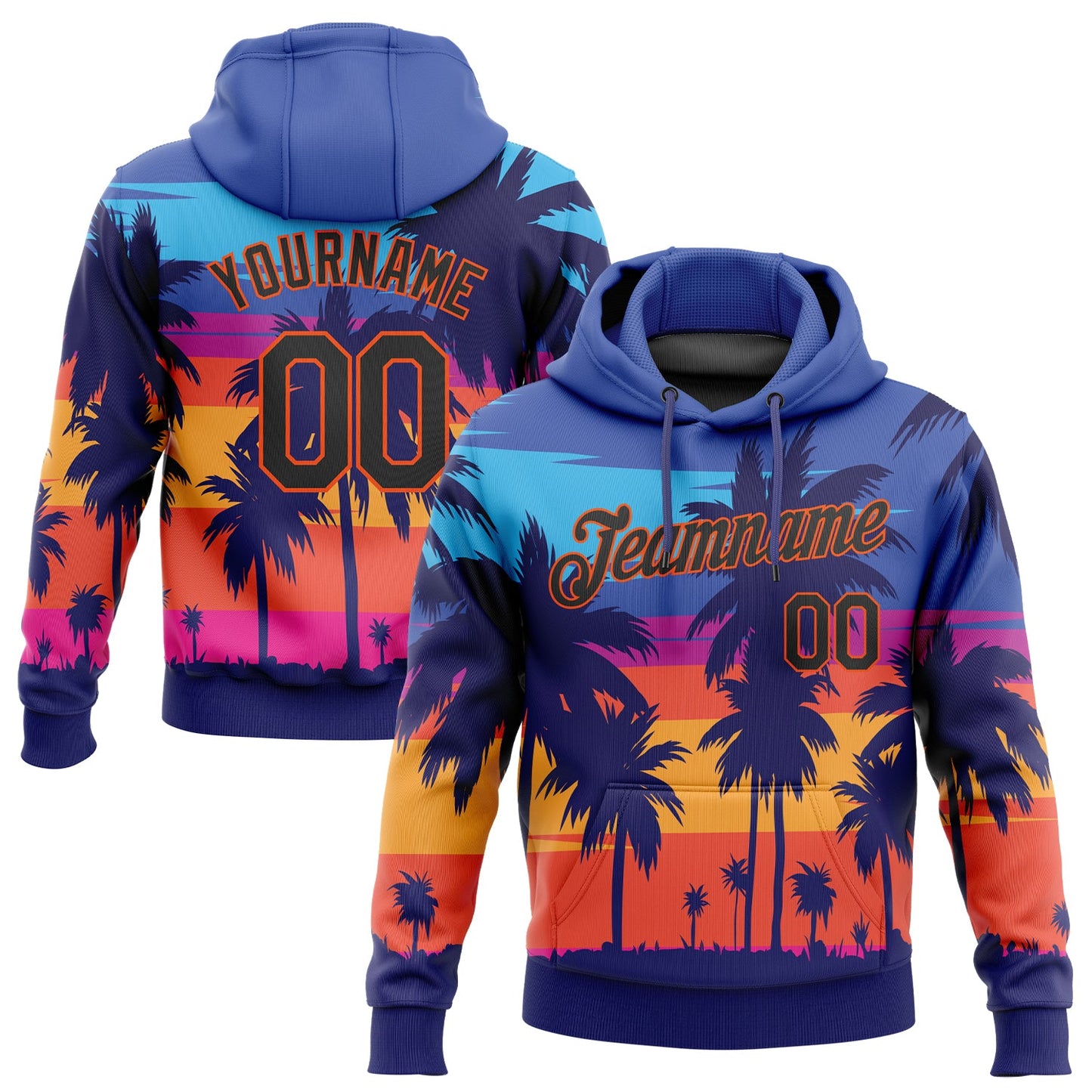 Custom Stitched Royal Black-Orange 3D Pattern Design Palm Trees Sports Pullover Sweatshirt Hoodie - Main View