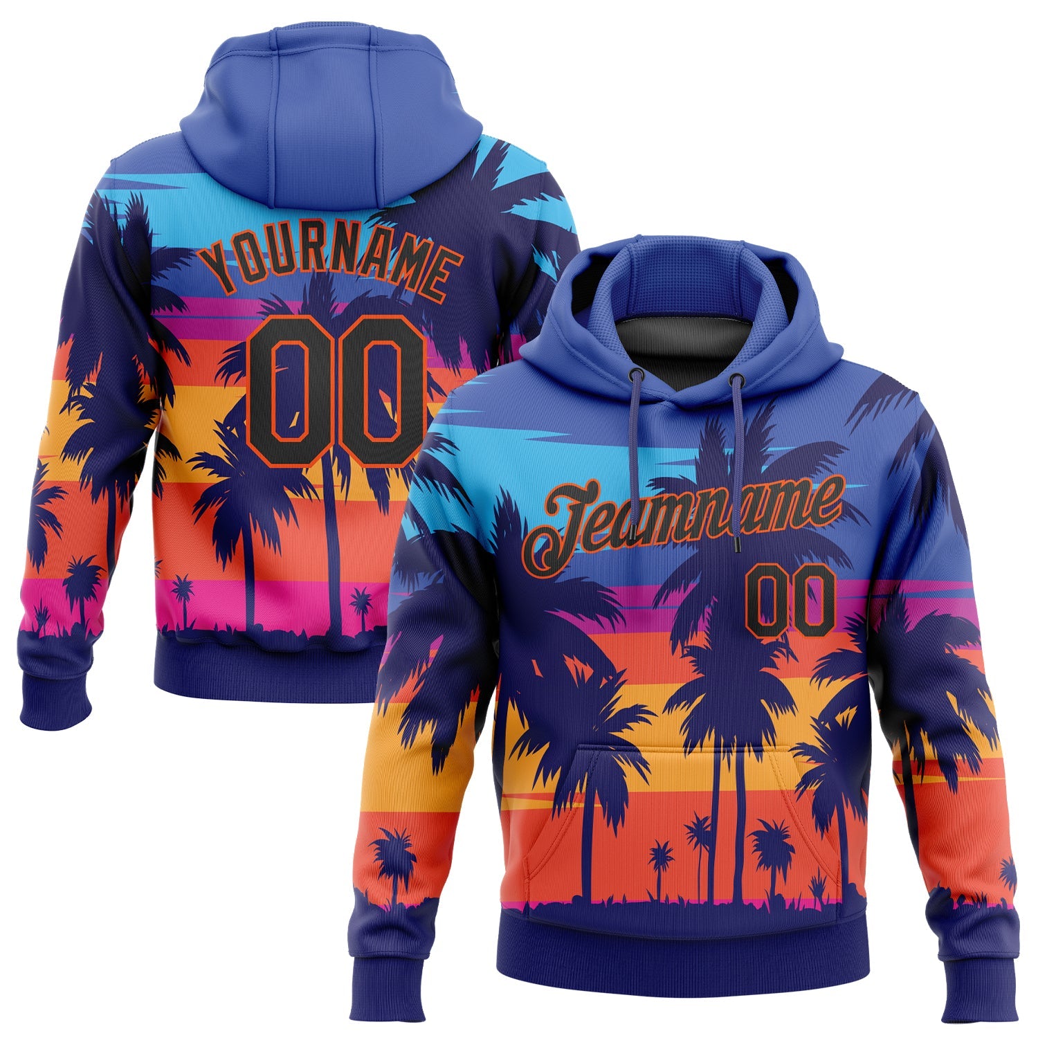 Custom Stitched Royal Black-Orange 3D Pattern Design Palm Trees Sports Pullover Sweatshirt Hoodie - Main View