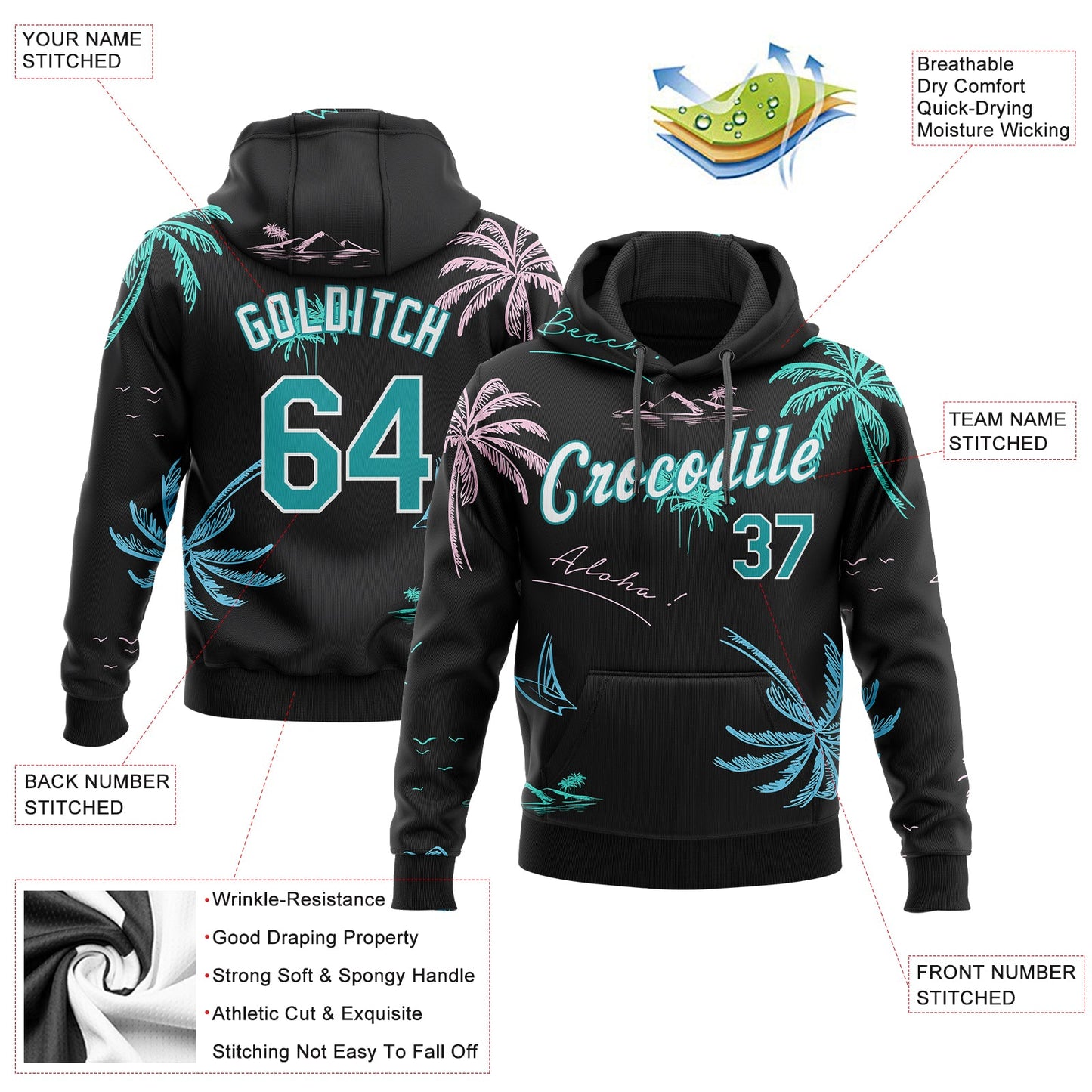 Custom Stitched Black Aqua-White 3D Pattern Design Hawaii Palm Trees Sports Pullover Sweatshirt Hoodie view 2