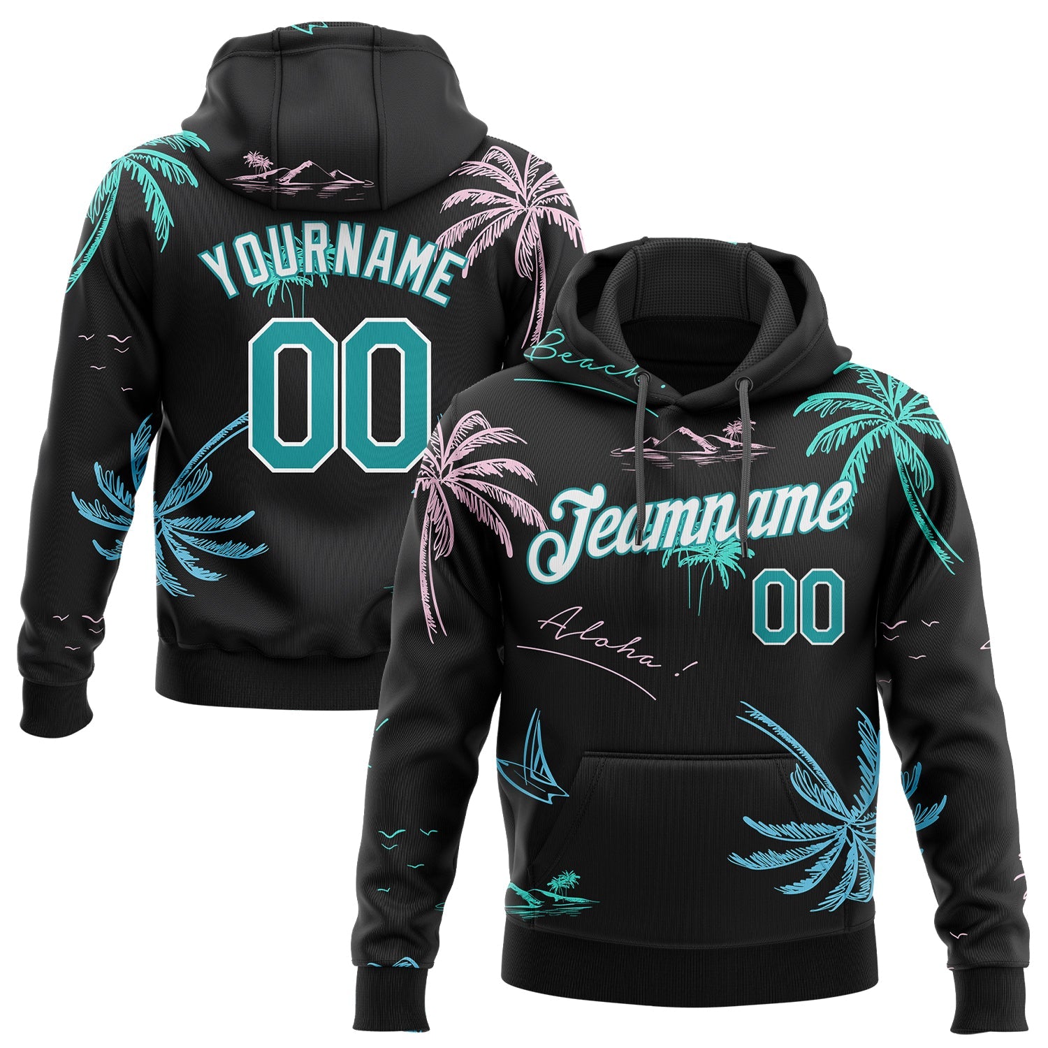 Custom Stitched Black Aqua-White 3D Pattern Design Hawaii Palm Trees Sports Pullover Sweatshirt Hoodie - Main View