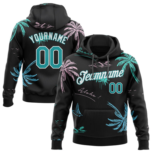 Custom Stitched Black Aqua-White 3D Pattern Design Hawaii Palm Trees Sports Pullover Sweatshirt Hoodie - Main View
