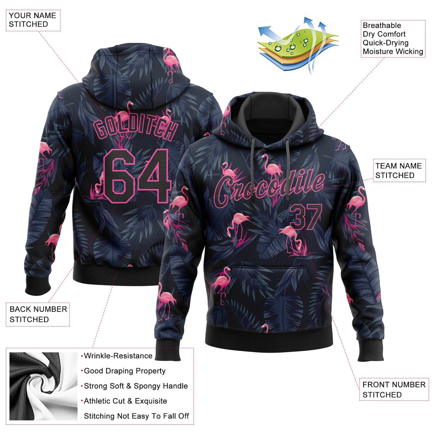 Custom Stitched Black Black-Pink 3D Pattern Design Flamingo Sports Pullover Sweatshirt Hoodie view 2