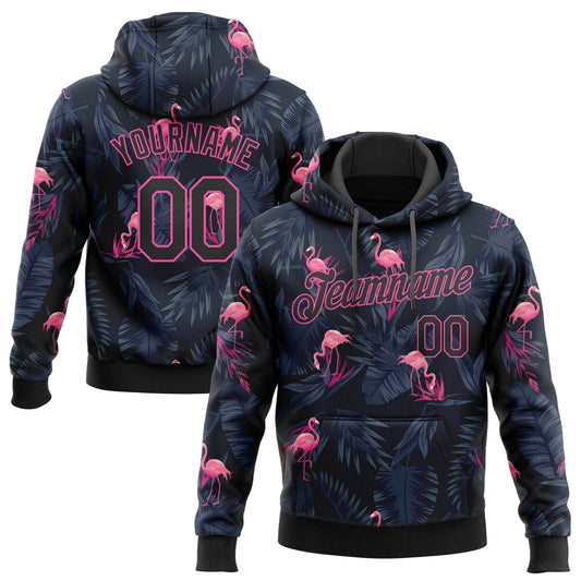 Custom Stitched Black Black-Pink 3D Pattern Design Flamingo Sports Pullover Sweatshirt Hoodie - Main View