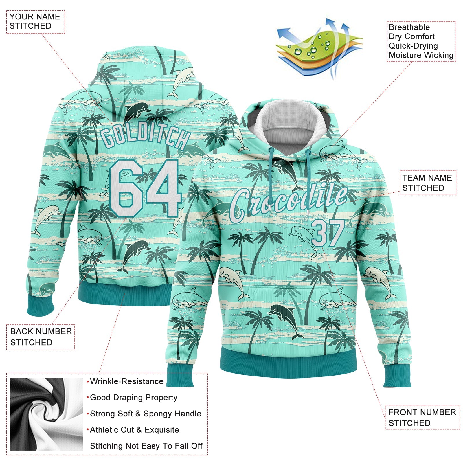 Custom Stitched Aqua White 3D Pattern Design Hawaii Palm Trees Sports Pullover Sweatshirt Hoodie view 2
