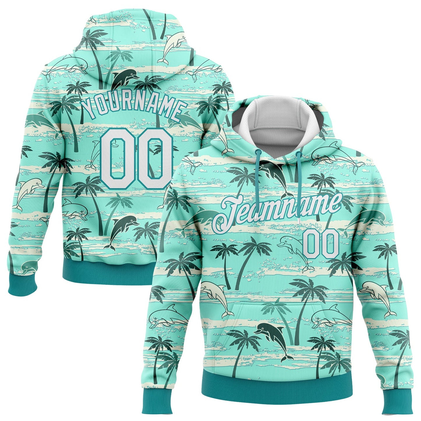 Custom Stitched Aqua White 3D Pattern Design Hawaii Palm Trees Sports Pullover Sweatshirt Hoodie - Main View