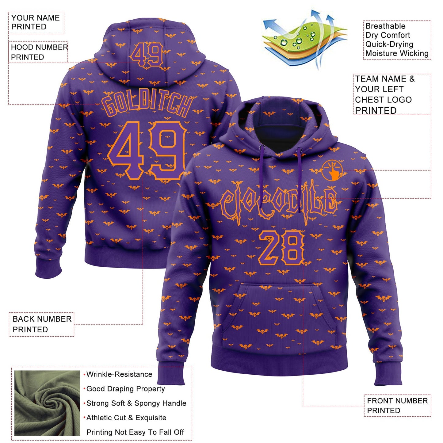 Custom Purple Bay Orange 3D Halloween Bat Skull Doodle Party Costume Ideas Sports Pullover Sweatshirt Hoodie view 2
