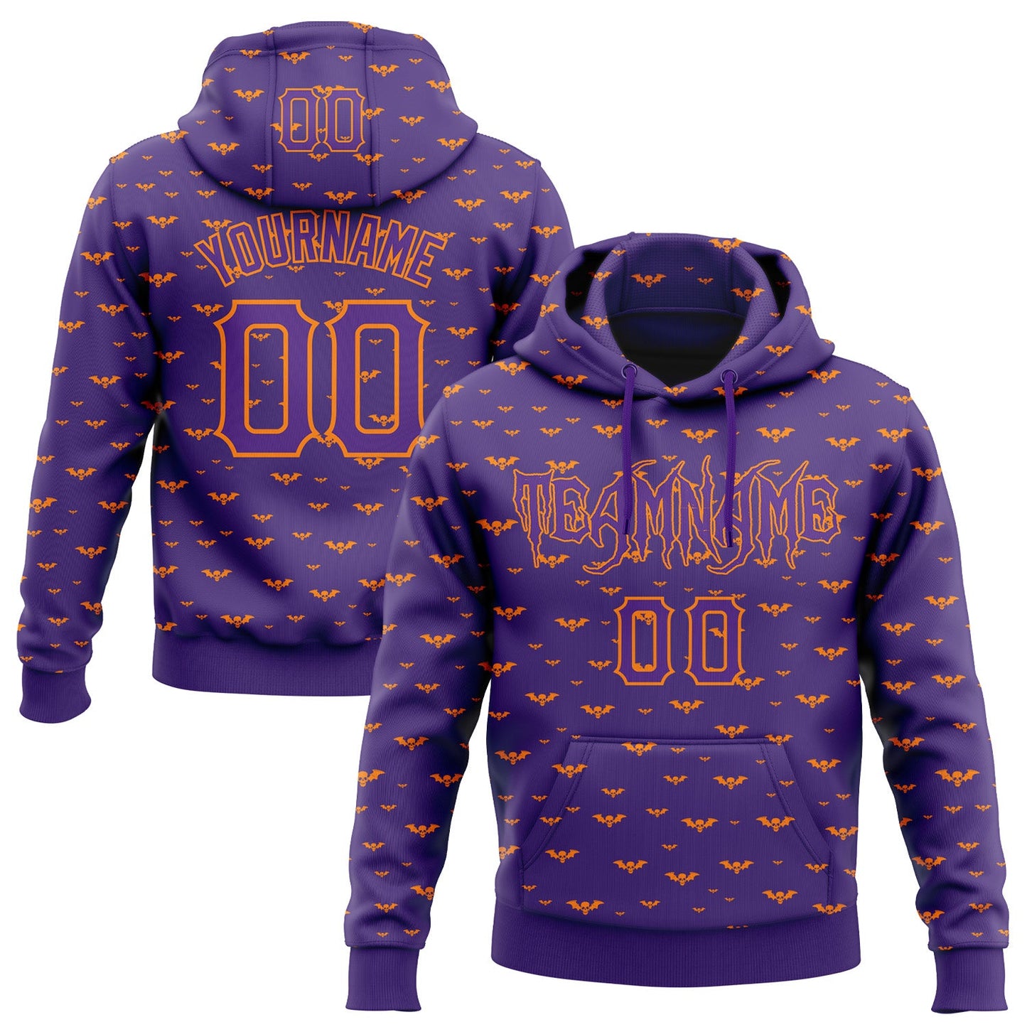 Custom Purple Bay Orange 3D Halloween Bat Skull Doodle Party Costume Ideas Sports Pullover Sweatshirt Hoodie - Main View