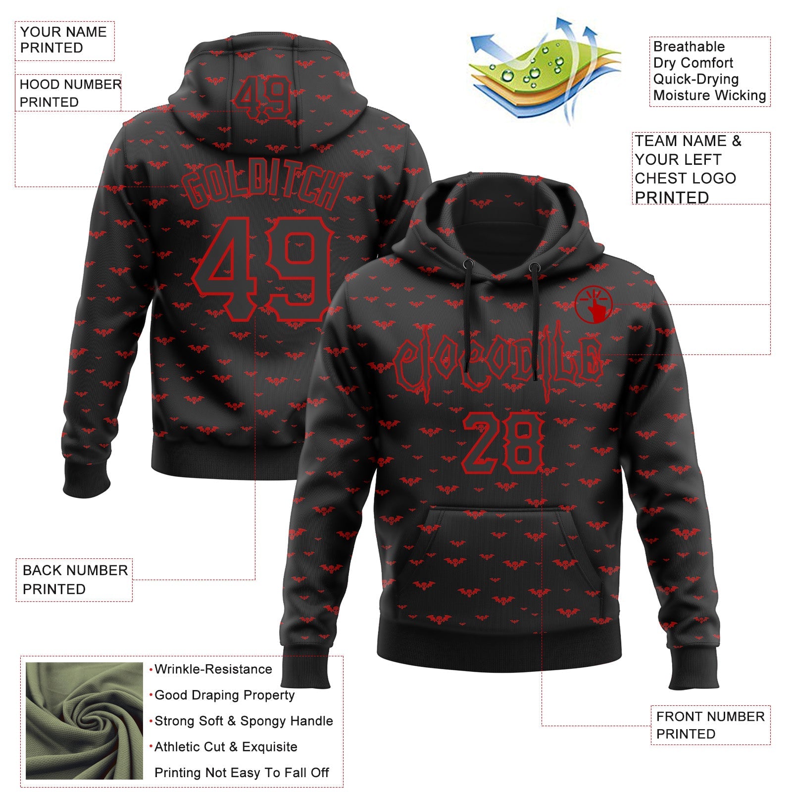 Custom Black Red 3D Halloween Bat Skull Doodle Party Costume Ideas Sports Pullover Sweatshirt Hoodie view 2