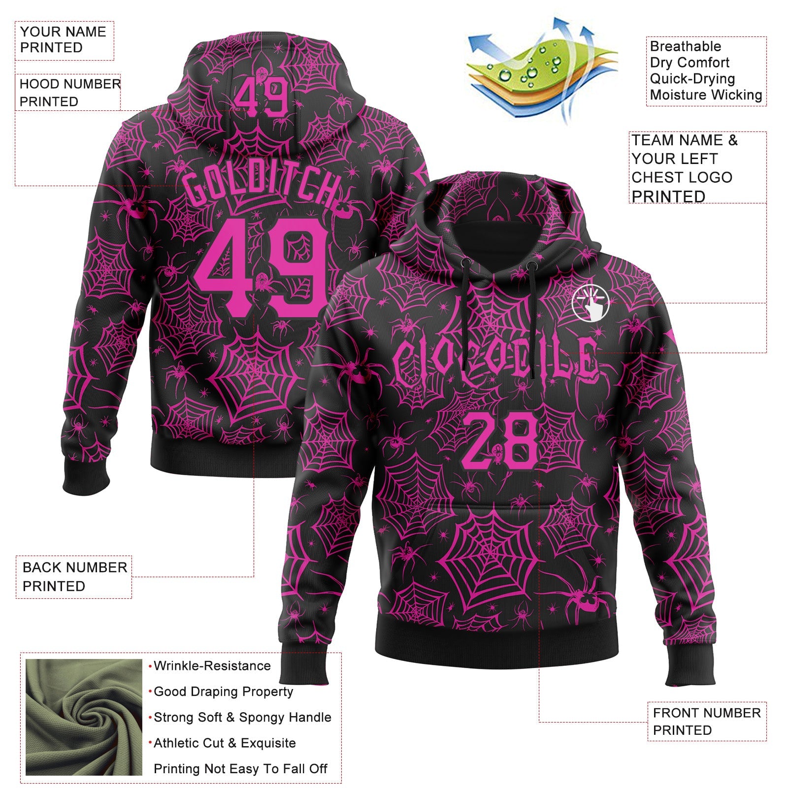 Custom Black Deep Pink 3D Halloween Spider Net Doodle Party Costume Ideas Sports Pullover Sweatshirt Hoodie view 2