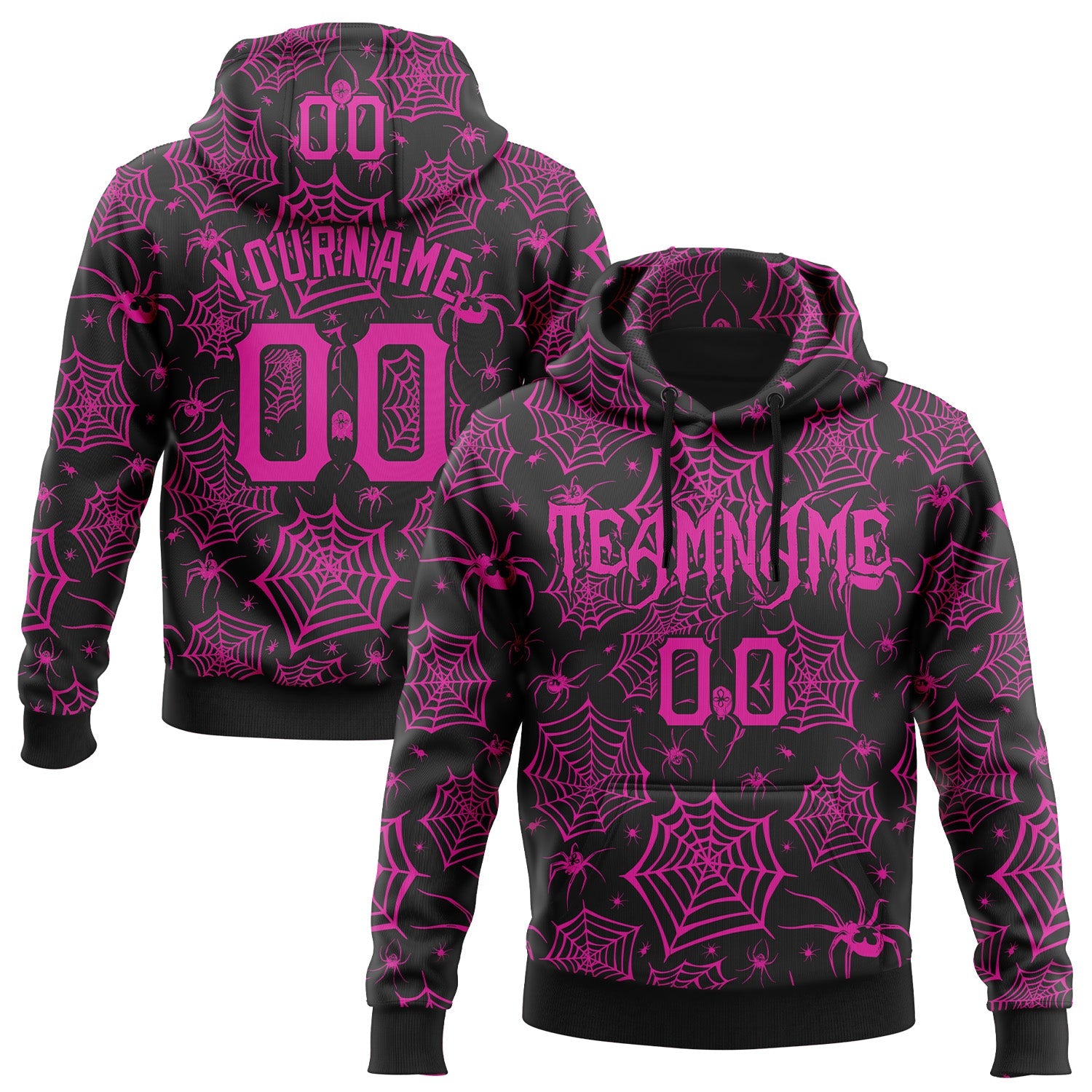 Custom Black Deep Pink 3D Halloween Spider Net Doodle Party Costume Ideas Sports Pullover Sweatshirt Hoodie - Main View