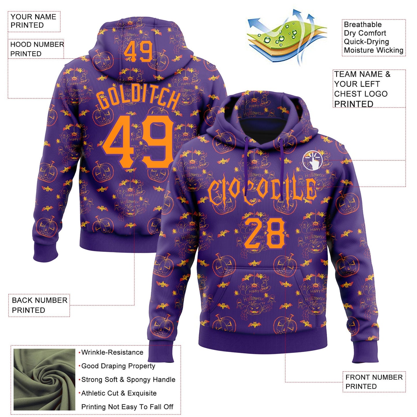 Custom Purple Bay Orange 3D Halloween Pumpkin Bat Doodle Party Costume Ideas Sports Pullover Sweatshirt Hoodie view 2