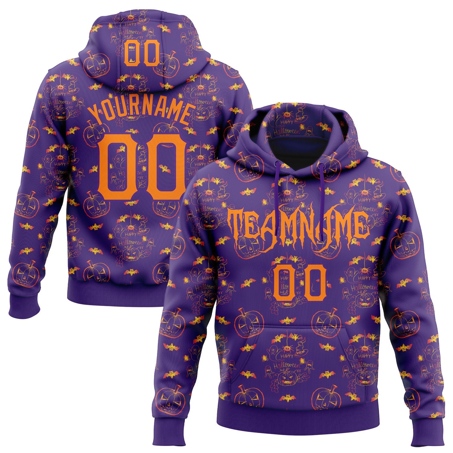 Custom Purple Bay Orange 3D Halloween Pumpkin Bat Doodle Party Costume Ideas Sports Pullover Sweatshirt Hoodie - Main View