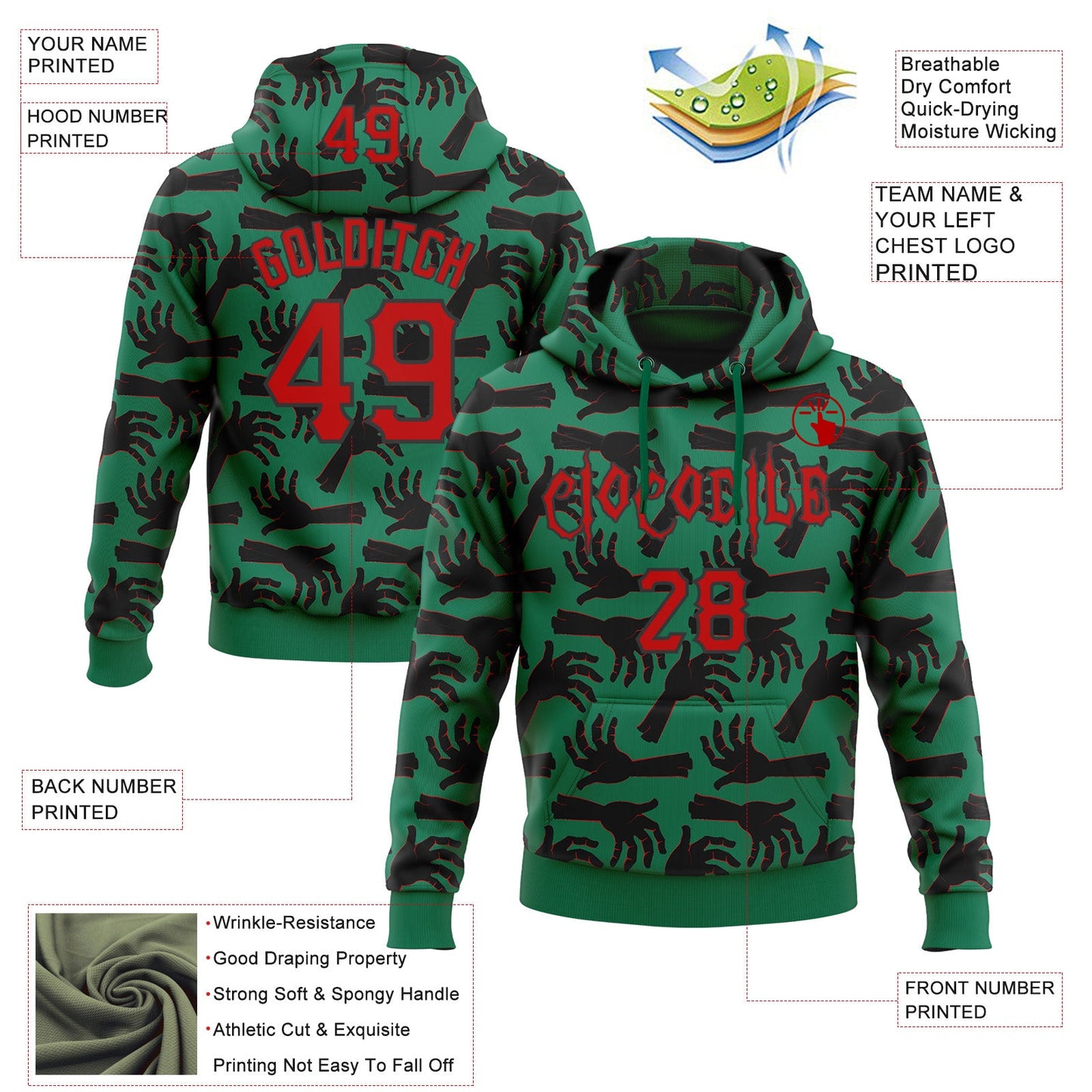 Custom Kelly Green Red-Black 3D Halloween Horror Night Trick Treat Party Costume Ideas Sports Pullover Sweatshirt Hoodie view 2