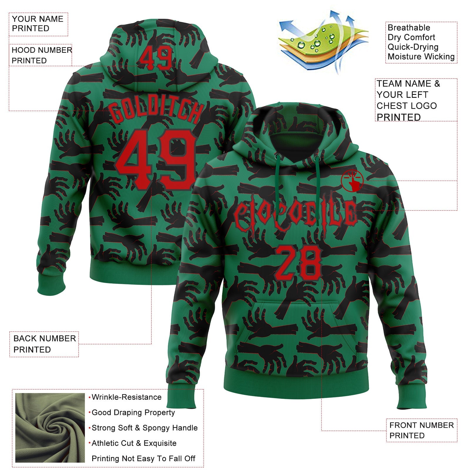 Custom Kelly Green Red-Black 3D Halloween Horror Night Trick Treat Party Costume Ideas Sports Pullover Sweatshirt Hoodie view 2