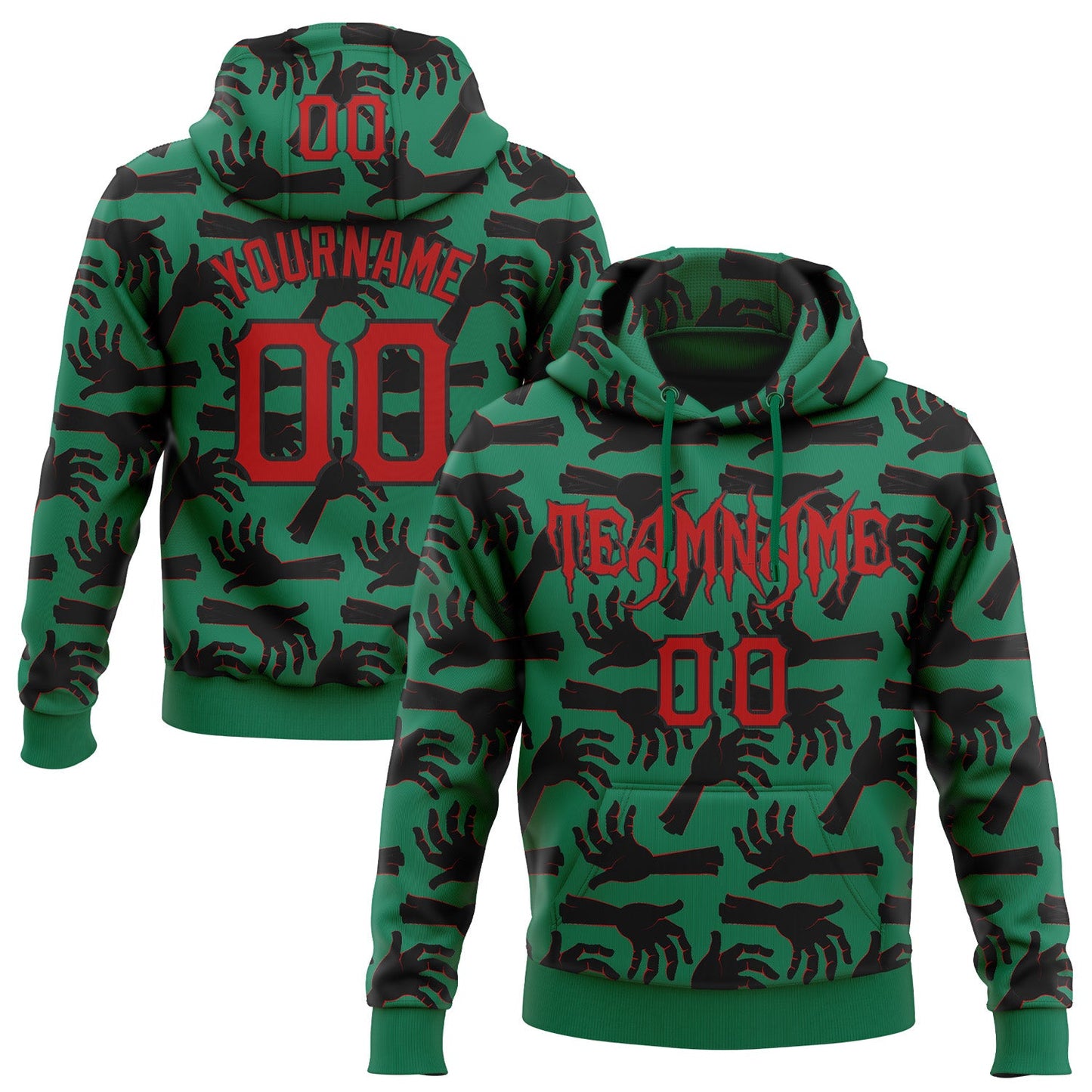 Custom Kelly Green Red-Black 3D Halloween Horror Night Trick Treat Party Costume Ideas Sports Pullover Sweatshirt Hoodie - Main View