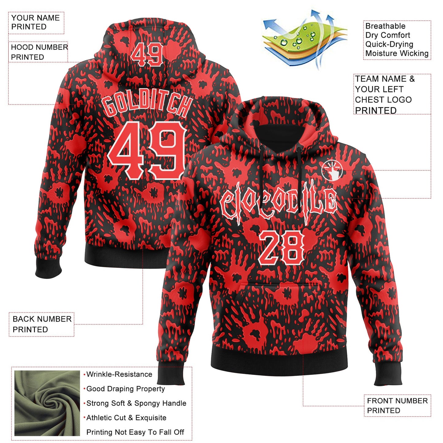 Custom Black Red-White 3D Halloween Horror Night Trick Treat Party Costume Ideas Sports Pullover Sweatshirt Hoodie view 2