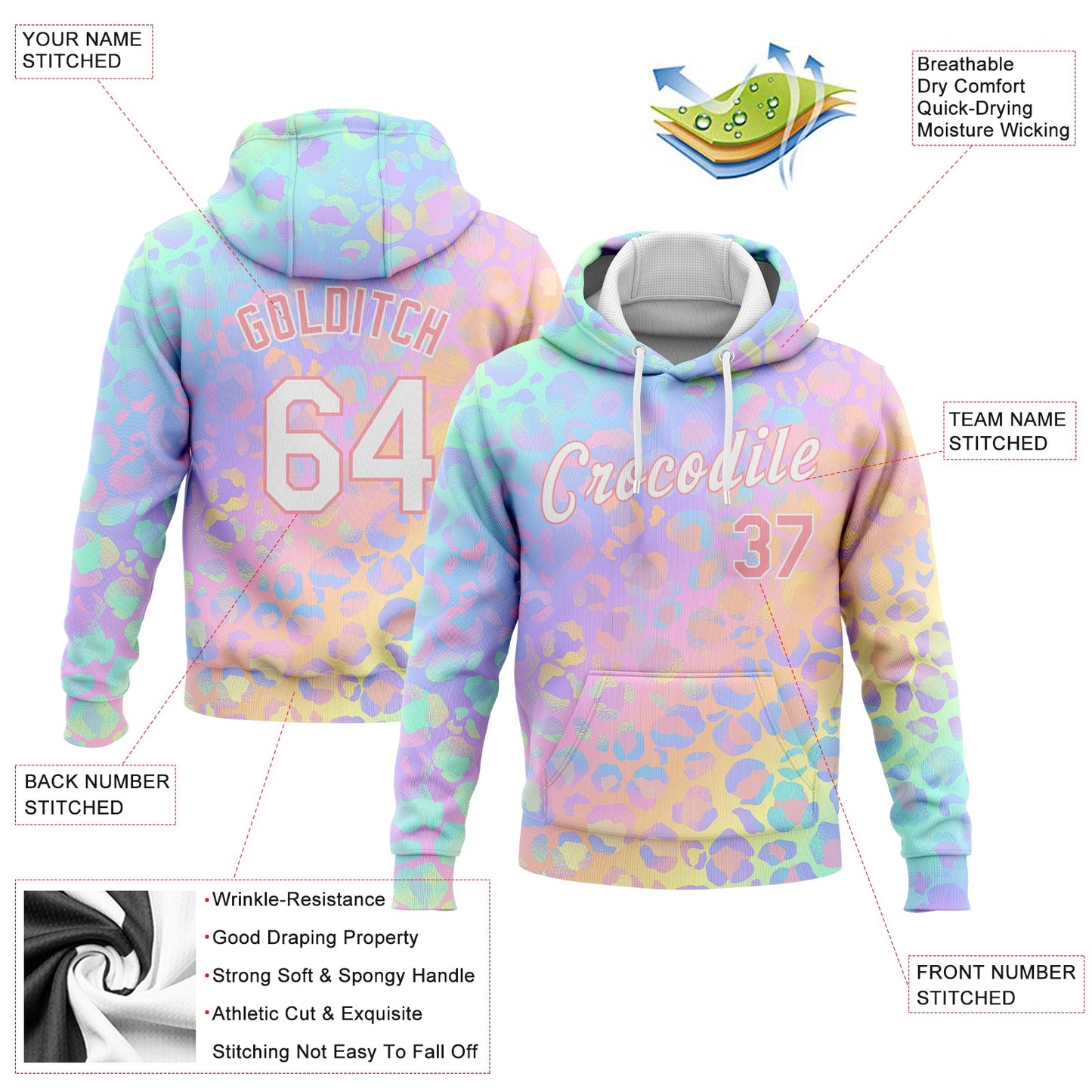 Custom Stitched Light Pink White 3D Pattern Design Leopard Sports Pullover Sweatshirt Hoodie view 2