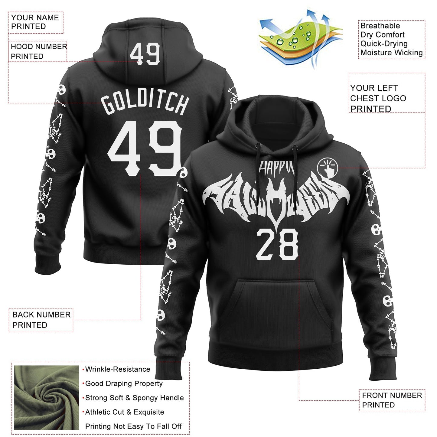 Custom Black White 3D Halloween Skeleton Bat Party Costume Ideas Sports Pullover Sweatshirt Hoodie view 2