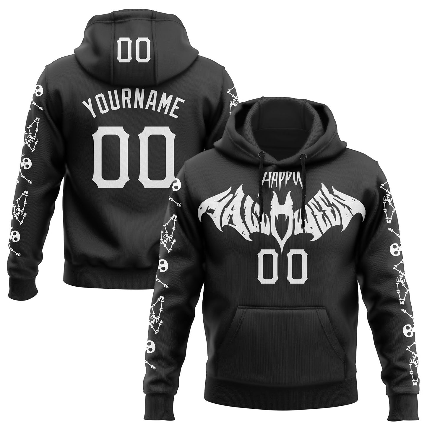 Custom Black White 3D Halloween Skeleton Bat Party Costume Ideas Sports Pullover Sweatshirt Hoodie - Main View