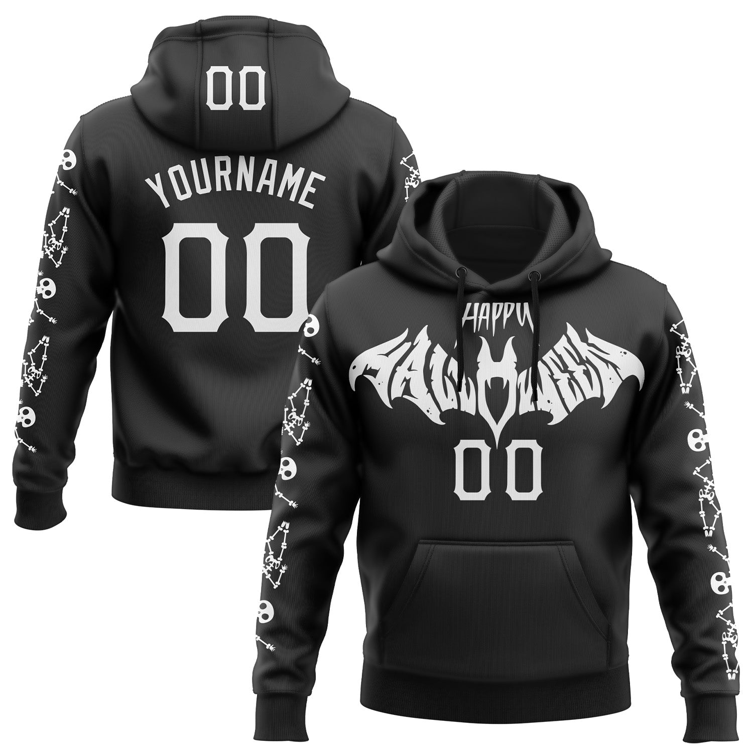 Custom Black White 3D Halloween Skeleton Bat Party Costume Ideas Sports Pullover Sweatshirt Hoodie - Main View