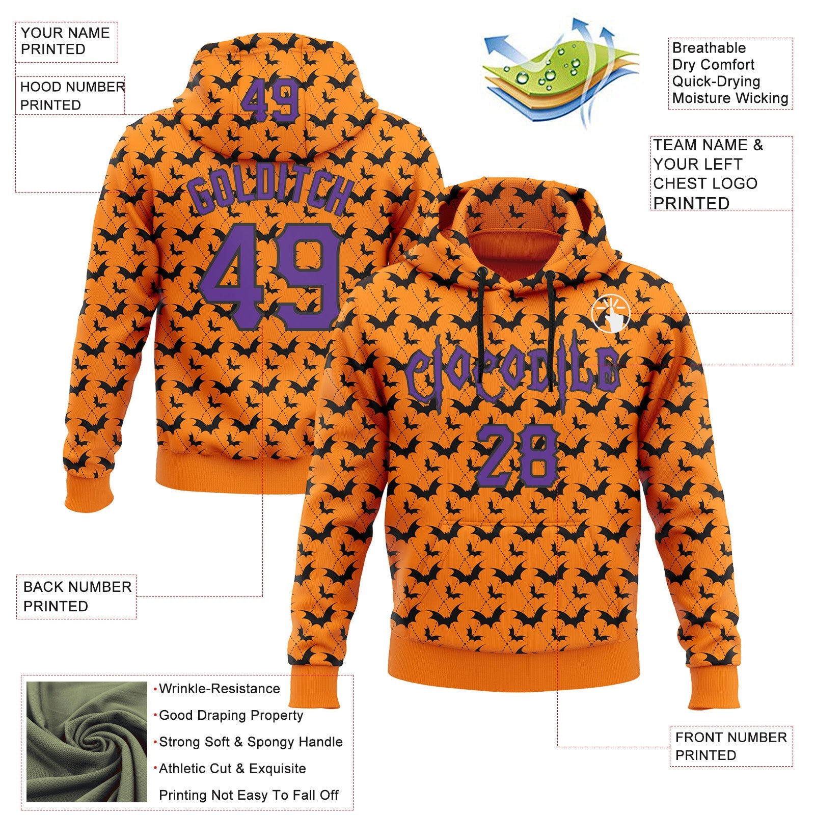Custom Bay Orange Purple-Black 3D Halloween Bat Party Costume Ideas Sports Pullover Sweatshirt Hoodie view 2