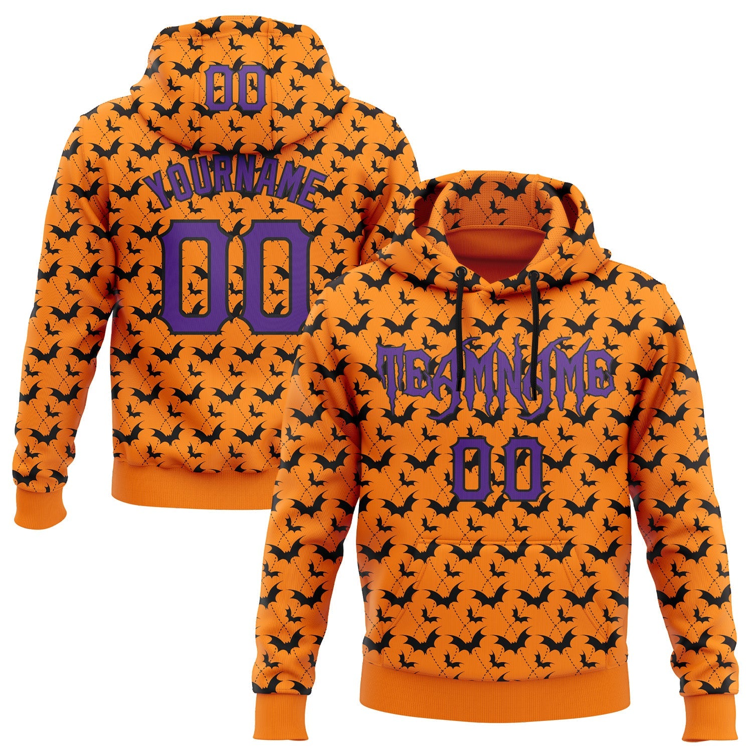 Custom Bay Orange Purple-Black 3D Halloween Bat Party Costume Ideas Sports Pullover Sweatshirt Hoodie - Main View