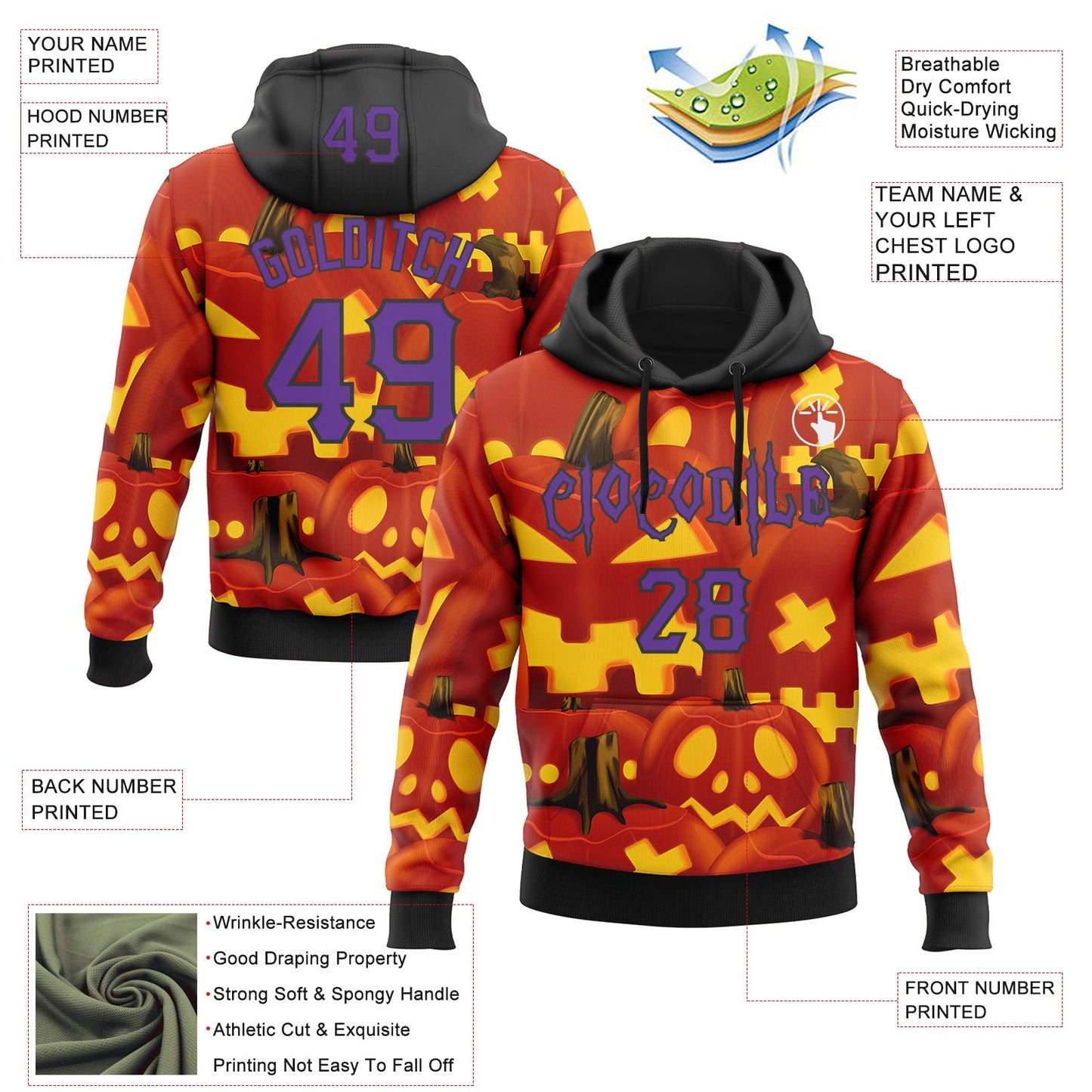 Custom Red Purple Yellow-Black 3D Halloween Pumpkin Party Costume Ideas Sports Pullover Sweatshirt Hoodie view 2