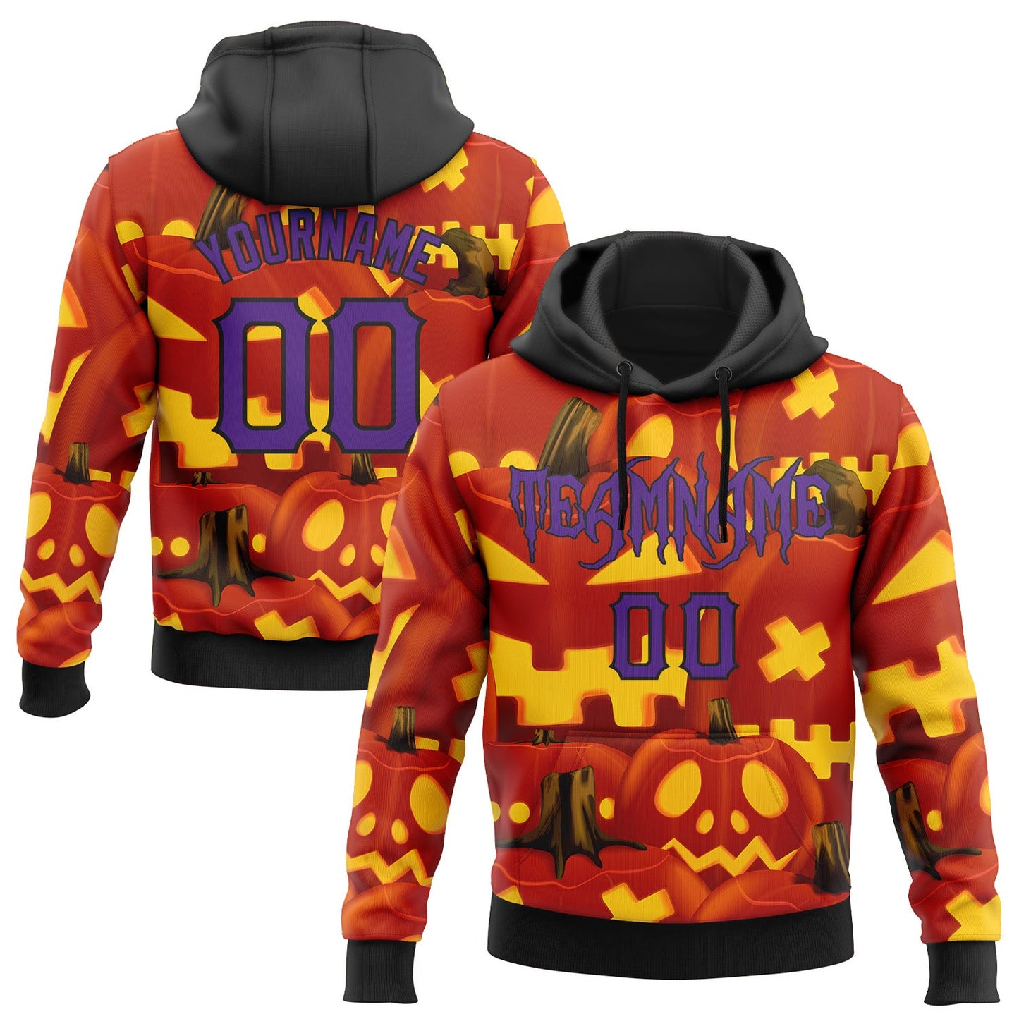 Custom Red Purple Yellow-Black 3D Halloween Pumpkin Party Costume Ideas Sports Pullover Sweatshirt Hoodie - Main View
