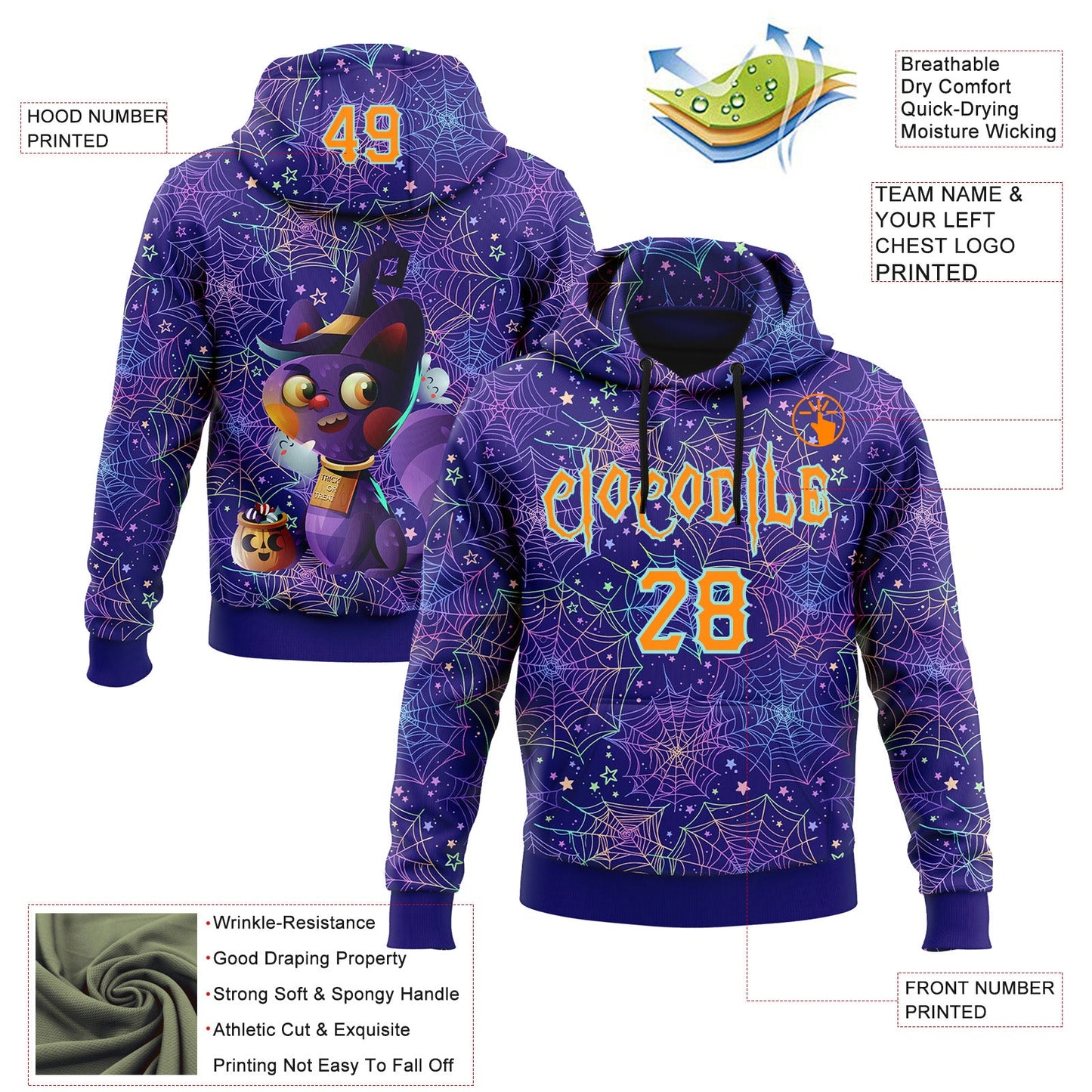 Custom Dark Purple Bay Orange-Ice Blue 3D Halloween Spider Net Horror Night Trick Treat Party Costume Ideas Sports Pullover Sweatshirt Hoodie view 2