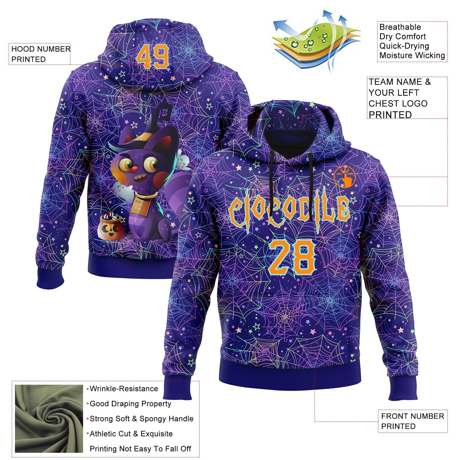 Custom Dark Purple Bay Orange-Ice Blue 3D Halloween Spider Net Horror Night Trick Treat Party Costume Ideas Sports Pullover Sweatshirt Hoodie view 2