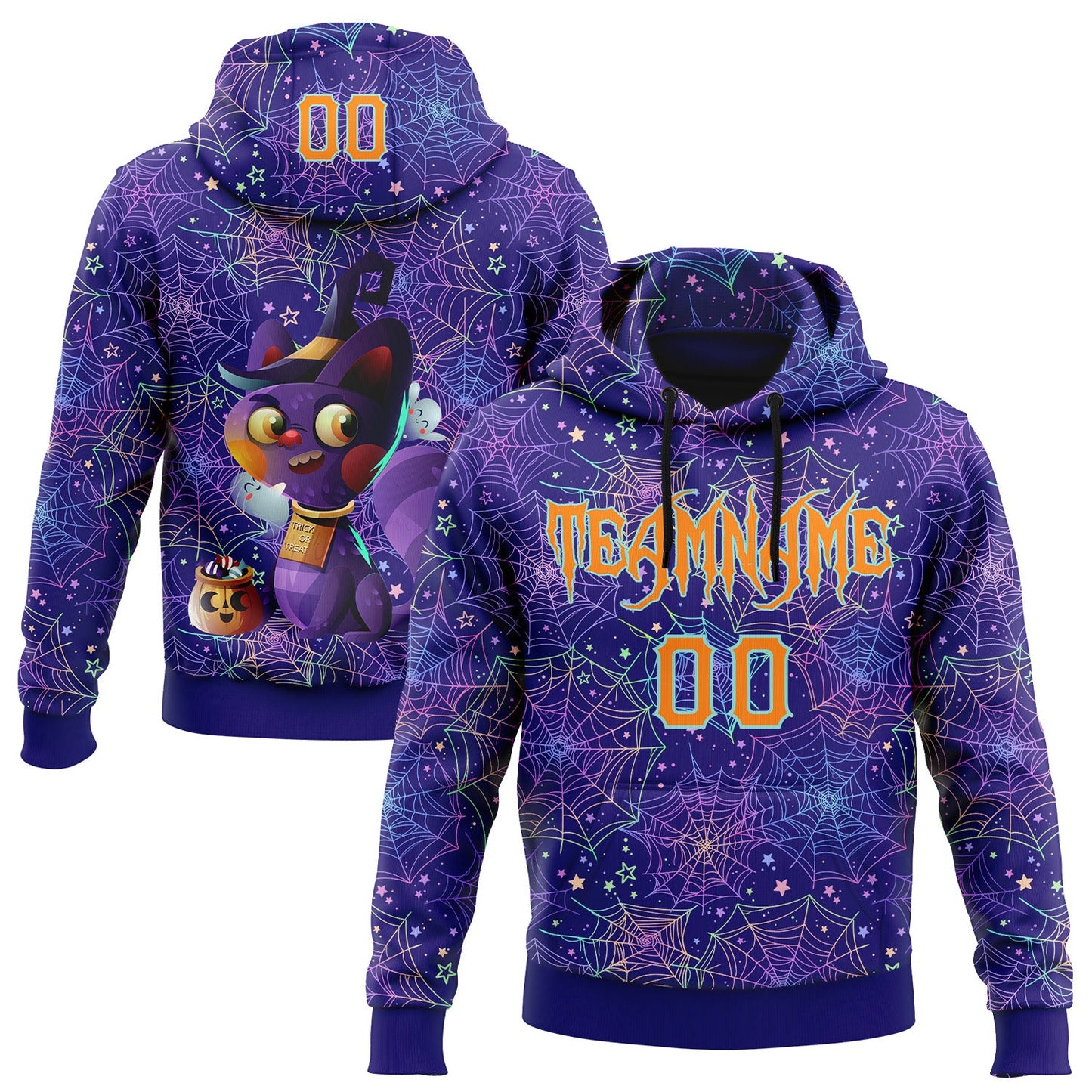 Custom Dark Purple Bay Orange-Ice Blue 3D Halloween Spider Net Horror Night Trick Treat Party Costume Ideas Sports Pullover Sweatshirt Hoodie - Main View