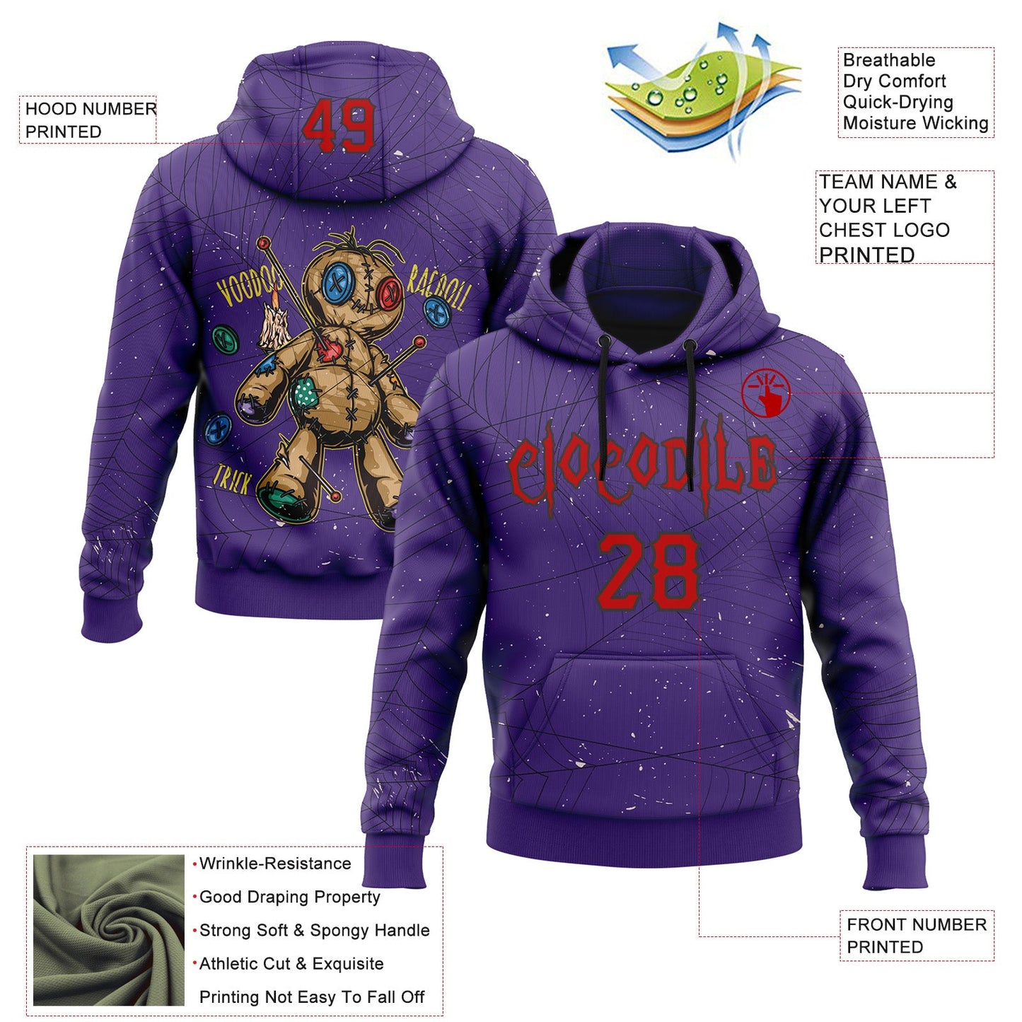 Custom Purple Red-Black 3D Halloween Spider Net Horror Night Trick Treat Party Costume Ideas Sports Pullover Sweatshirt Hoodie view 2