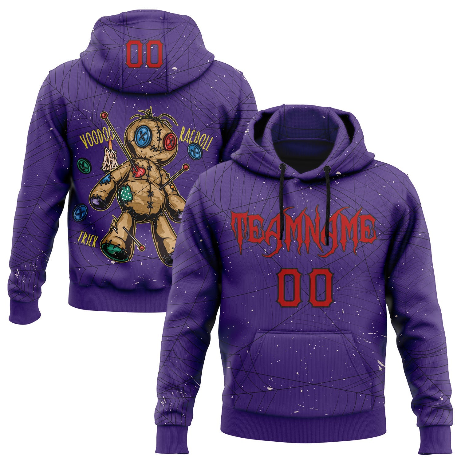 Custom Purple Red-Black 3D Halloween Spider Net Horror Night Trick Treat Party Costume Ideas Sports Pullover Sweatshirt Hoodie - Main View
