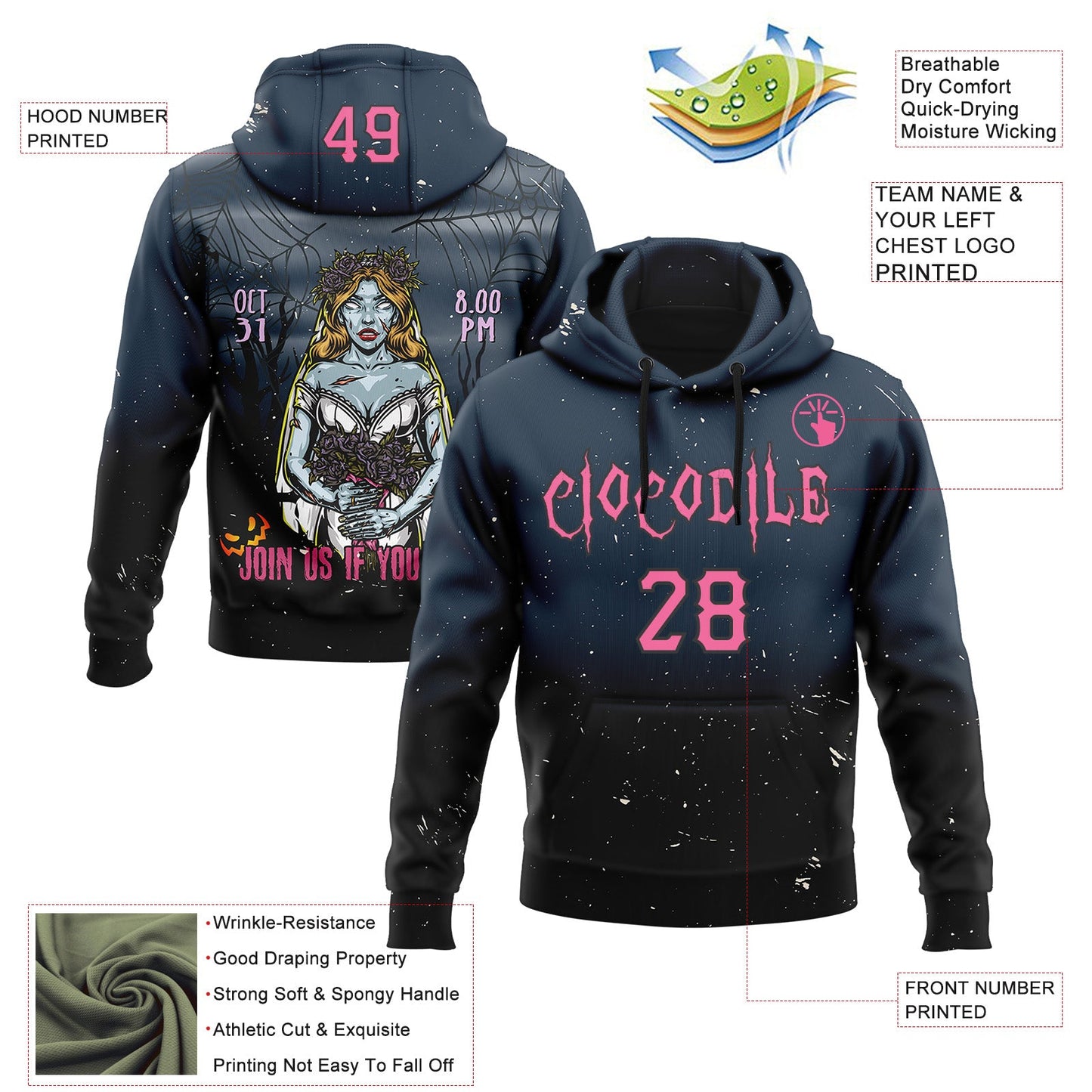Custom Black Pink 3D Halloween Zombie Horror Night Trick Treat Party Costume Ideas Sports Pullover Sweatshirt Hoodie view 2