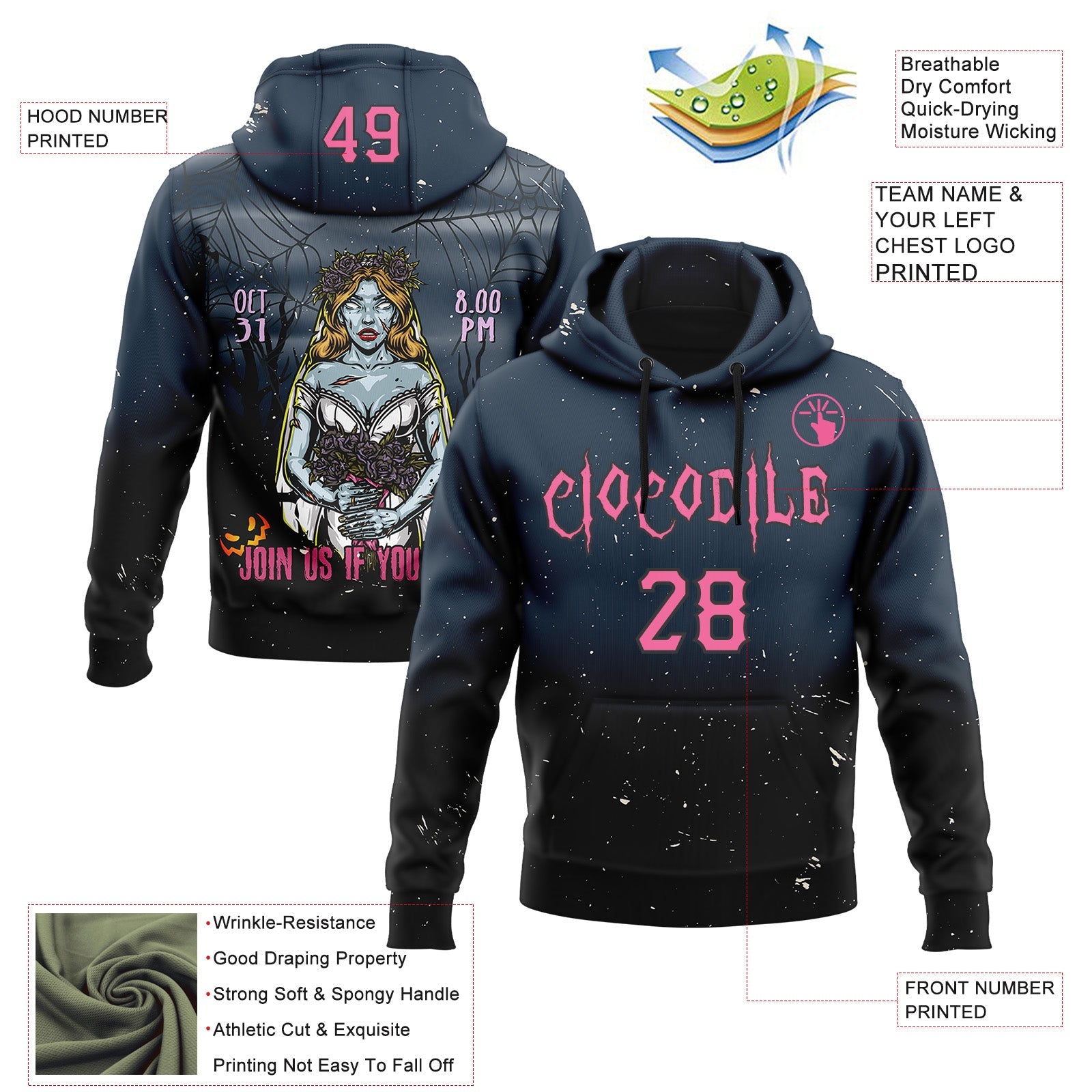 Custom Black Pink 3D Halloween Zombie Horror Night Trick Treat Party Costume Ideas Sports Pullover Sweatshirt Hoodie view 2