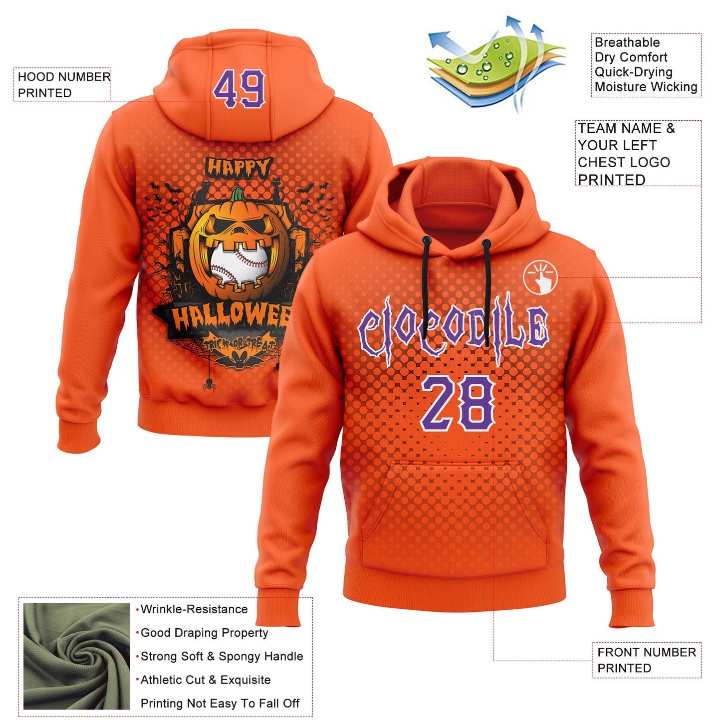 Custom Purple Orange-White 3D Halloween Pumpkin Doodle Party Costume Ideas Sports Pullover Sweatshirt Hoodie view 2